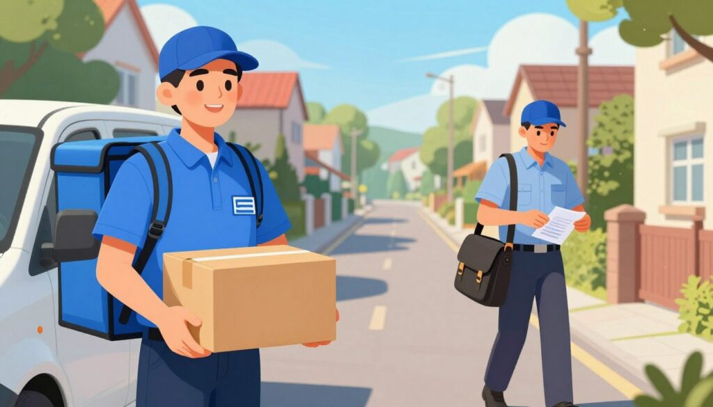 A split-scene illustration depicting the differences between a car mail carrier and a traditional postman. Foreground: On one side, a professional car mail carrier in a uniform stands beside a delivery vehicle, holding packages, with a friendly expression and a modern postal badge visible. Middle: On the other side, a traditional postman in a classic uniform, carrying a messenger bag and sorting letters, walking down a quaint street lined with houses. Background: A sunny day with a clear blue sky, casting soft shadows. The setting is vibrant, reflecting an active neighborhood. The atmosphere is cheerful and productive, showcasing the distinct roles of modern and traditional postal services. Lighting should be natural, highlighting the uniforms and actions of the postal workers.