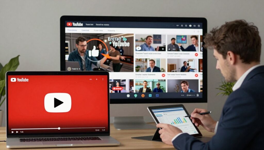 A split-screen comparison illustrating the differences in earnings from long YouTube videos and Shorts. In the foreground, a vibrant graphic representation of a traditional long YouTube video showing elements like a play button and a watch time graph, with a professional-looking individual analyzing data on a tablet in business attire. In the middle, an upbeat scene depicting a series of dynamic, fast-paced Shorts, with engaging visual elements like thumbs up icons and quick viewer statistics. The background features an abstract digital landscape symbolizing the YouTube platform, with muted tones to keep the focus on the foreground and middle layers. Soft lighting illuminates the scene, creating a professional yet engaging atmosphere, capturing the essence of video content evolution. A split-screen comparison illustrating the differences in earnings from long YouTube videos and Shorts. In the foreground, a vibrant graphic representation of a traditional long YouTube video showing elements like a play button and a watch time graph, with a professional-looking individual analyzing data on a tablet in business attire. In the middle, an upbeat scene depicting a series of dynamic, fast-paced Shorts, with engaging visual elements like thumbs up icons and quick viewer statistics. The background features an abstract digital landscape symbolizing the YouTube platform, with muted tones to keep the focus on the foreground and middle layers. Soft lighting illuminates the scene, creating a professional yet engaging atmosphere, capturing the essence of video content evolution.