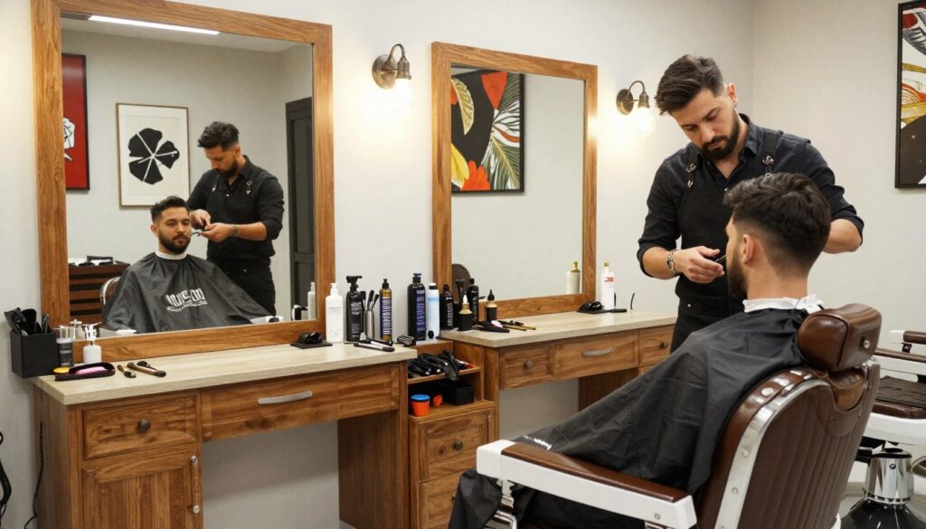 A stylish and modern barbershop interior, showcasing a well-decorated space with elegant wooden furniture, vintage barber chairs, and a warm, inviting atmosphere. In the foreground, a professional barber in smart casual attire is attending to a client, using scissors and styling products. The middle of the frame features a large mirror reflecting the scene, surrounded by various grooming tools and products on a neatly organized shelf. The background displays stylish artwork on the walls and soft, ambient lighting that creates a cozy environment. The overall mood is vibrant yet professional, capturing the essence of a successful barber business, with an emphasis on creativity and client satisfaction. The angle is slightly angled to provide depth, making the salon feel spacious and welcoming. A stylish and modern barbershop interior, showcasing a well-decorated space with elegant wooden furniture, vintage barber chairs, and a warm, inviting atmosphere. In the foreground, a professional barber in smart casual attire is attending to a client, using scissors and styling products. The middle of the frame features a large mirror reflecting the scene, surrounded by various grooming tools and products on a neatly organized shelf. The background displays stylish artwork on the walls and soft, ambient lighting that creates a cozy environment. The overall mood is vibrant yet professional, capturing the essence of a successful barber business, with an emphasis on creativity and client satisfaction. The angle is slightly angled to provide depth, making the salon feel spacious and welcoming.