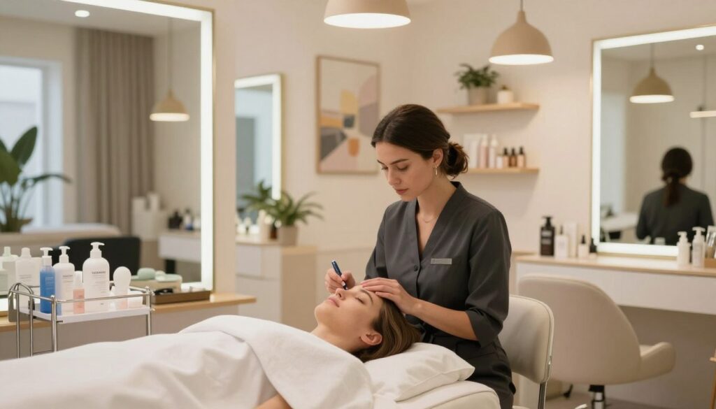 A stylish beauty salon interior, showcasing a professional female beautician in business attire, engaged in a treatment with a client. The foreground features a well-organized treatment table with various skincare products, softly lit by overhead pendant lights, creating a warm and inviting atmosphere. In the middle, the beautician is concentrating on her work, displaying expertise and professionalism. The background consists of elegant mirrors, shelves adorned with beauty products, and calming decor like plants and paintings that enhance the tranquil environment. The overall mood is serene and luxurious, emphasizing the professional setting of a cosmetology workplace, with soft natural lighting illuminating the scene.