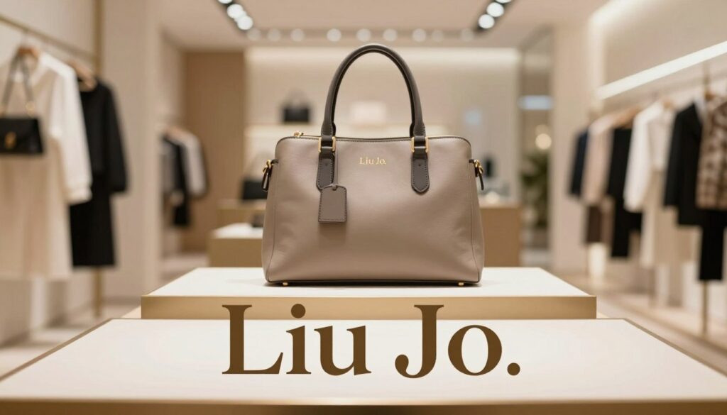A stylish close-up image showcasing the pronunciation of the brand name "Liu Jo." The foreground features elegant text in a sophisticated, visually appealing font that conveys fashion and luxury. In the middle, include a minimalist but chic product display, such as a handbag or clothing item that represents the Liu Jo brand, carefully arranged to catch the viewer’s eye. The background should be softly blurred, depicting a modern, upscale boutique with fashionable decor and warm, inviting lighting. The scene conveys a mood of elegance and refinement, suitable for a fashion-related context. Use a wide-angle lens for depth and ensure the overall composition feels balanced and harmonious. A stylish close-up image showcasing the pronunciation of the brand name "Liu Jo." The foreground features elegant text in a sophisticated, visually appealing font that conveys fashion and luxury. In the middle, include a minimalist but chic product display, such as a handbag or clothing item that represents the Liu Jo brand, carefully arranged to catch the viewer’s eye. The background should be softly blurred, depicting a modern, upscale boutique with fashionable decor and warm, inviting lighting. The scene conveys a mood of elegance and refinement, suitable for a fashion-related context. Use a wide-angle lens for depth and ensure the overall composition feels balanced and harmonious.