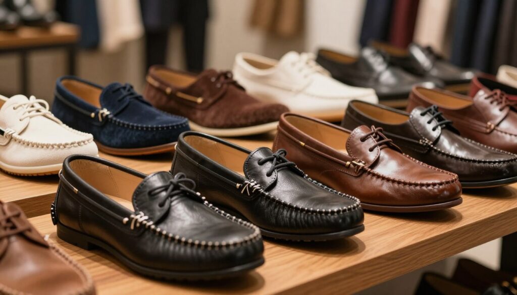 A stylish display of men's and women's moccasins and lace-up shoes, arranged elegantly on a polished wooden surface. In the foreground, showcase a pair of black leather moccasins with intricate stitching and rich texture, alongside a pair of sleek brown lace-up shoes featuring subtle shine. In the middle, include a variety of shoe styles, highlighting diverse colors and materials, such as suede and canvas, appealing to modern fashion. The background should be softly blurred, hinting at a boutique setting with warm, inviting lighting. A professional atmosphere is created through a gentle focus, emphasizing the craftsmanship and quality of the footwear. The overall mood is sophisticated yet accessible, inviting readers to explore the collection further. A stylish display of men's and women's moccasins and lace-up shoes, arranged elegantly on a polished wooden surface. In the foreground, showcase a pair of black leather moccasins with intricate stitching and rich texture, alongside a pair of sleek brown lace-up shoes featuring subtle shine. In the middle, include a variety of shoe styles, highlighting diverse colors and materials, such as suede and canvas, appealing to modern fashion. The background should be softly blurred, hinting at a boutique setting with warm, inviting lighting. A professional atmosphere is created through a gentle focus, emphasizing the craftsmanship and quality of the footwear. The overall mood is sophisticated yet accessible, inviting readers to explore the collection further.