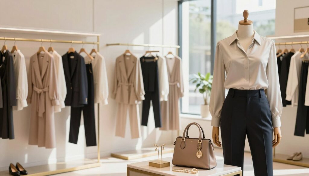 A stylish, elegant retail space showcasing a collection of women's clothing from the Betty Barclay brand. In the foreground, a mannequin dressed in a sophisticated ensemble, featuring a chic blouse and tailored trousers, stands confidently. Accessories like a stylish handbag and delicate jewelry are tastefully incorporated. In the middle ground, a well-organized rack displays various clothing items, including dresses and outerwear, all in soft, inviting colors. The background reveals a bright, airy room with modern decor, highlighting the sophisticated atmosphere of the boutique. Natural light filters through large windows, casting gentle shadows and creating a warm ambiance. The image conveys a sense of elegance and professionalism, appealing to the target audience seeking stylish women's fashion. A stylish, elegant retail space showcasing a collection of women's clothing from the Betty Barclay brand. In the foreground, a mannequin dressed in a sophisticated ensemble, featuring a chic blouse and tailored trousers, stands confidently. Accessories like a stylish handbag and delicate jewelry are tastefully incorporated. In the middle ground, a well-organized rack displays various clothing items, including dresses and outerwear, all in soft, inviting colors. The background reveals a bright, airy room with modern decor, highlighting the sophisticated atmosphere of the boutique. Natural light filters through large windows, casting gentle shadows and creating a warm ambiance. The image conveys a sense of elegance and professionalism, appealing to the target audience seeking stylish women's fashion.