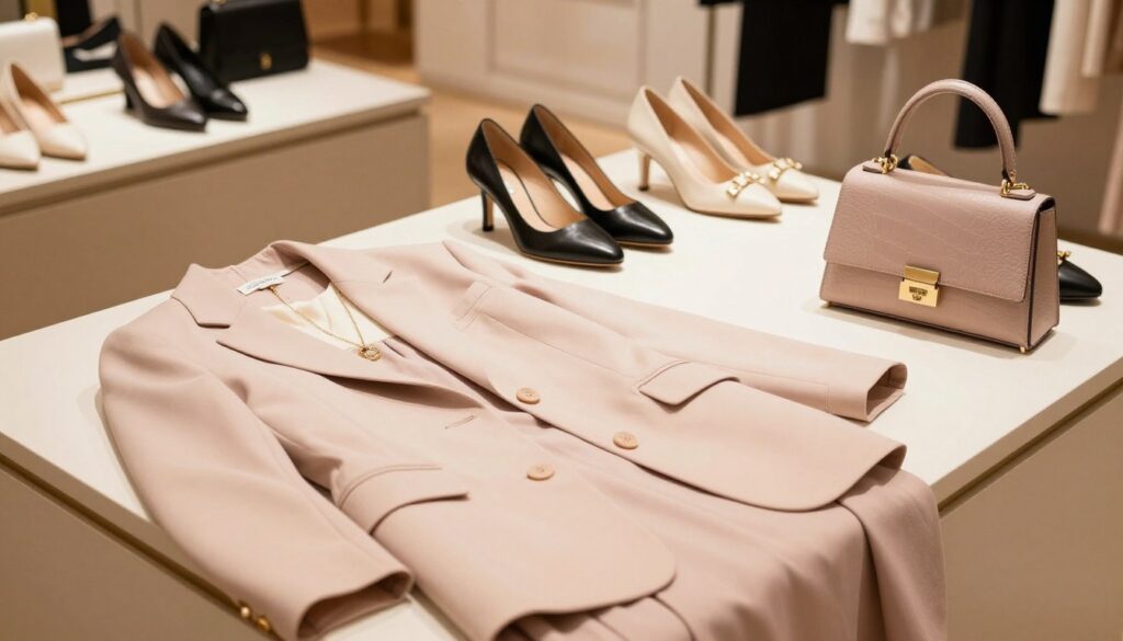 A stylish, elegantly arranged display of Gerry Weber products, featuring a diverse range of high-quality women's fashion items. In the foreground, a beautifully tailored blazer in a soft pastel color is draped over a chic dress, with coordinating accessories like a delicate necklace and stylish handbag. The middle ground highlights a variety of elegant footwear, showcasing both heels and flats, all in sophisticated designs. The background includes a softly blurred boutique setting with soft, warm lighting that creates an inviting atmosphere, enhancing the appeal of these fashionable items. The overall mood is chic and trendy, reflecting the modern, upscale identity of the Gerry Weber brand. The scene is captured with a slight overhead angle, emphasizing the products while maintaining a clean, professional aesthetic. A stylish, elegantly arranged display of Gerry Weber products, featuring a diverse range of high-quality women's fashion items. In the foreground, a beautifully tailored blazer in a soft pastel color is draped over a chic dress, with coordinating accessories like a delicate necklace and stylish handbag. The middle ground highlights a variety of elegant footwear, showcasing both heels and flats, all in sophisticated designs. The background includes a softly blurred boutique setting with soft, warm lighting that creates an inviting atmosphere, enhancing the appeal of these fashionable items. The overall mood is chic and trendy, reflecting the modern, upscale identity of the Gerry Weber brand. The scene is captured with a slight overhead angle, emphasizing the products while maintaining a clean, professional aesthetic.