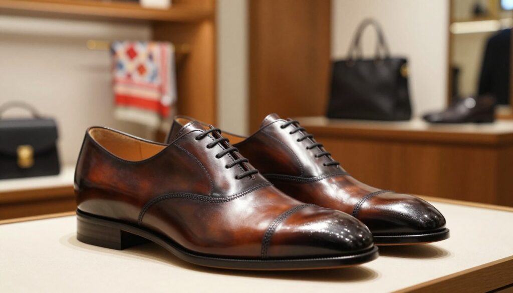 A stylish pair of Filippo shoes displayed prominently in the foreground, showcasing their elegant design and craftsmanship. The shoes should be polished and well-lit, reflecting a premium quality, with soft, natural lighting that accentuates the textures. In the middle ground, a subtle hint of a boutique setting with wooden shelves and a few select accessories, like scarves or bags, to create an inviting atmosphere. The background features a blurred warm ambiance, reminiscent of a sophisticated retail space. The overall mood should convey luxury, attention to detail, and a sense of heritage, inviting viewers to appreciate the history behind the Filippo brand. Use a shallow depth of field to keep the focus on the shoes, with a slight angle that highlights their contours and design features. A stylish pair of Filippo shoes displayed prominently in the foreground, showcasing their elegant design and craftsmanship. The shoes should be polished and well-lit, reflecting a premium quality, with soft, natural lighting that accentuates the textures. In the middle ground, a subtle hint of a boutique setting with wooden shelves and a few select accessories, like scarves or bags, to create an inviting atmosphere. The background features a blurred warm ambiance, reminiscent of a sophisticated retail space. The overall mood should convey luxury, attention to detail, and a sense of heritage, inviting viewers to appreciate the history behind the Filippo brand. Use a shallow depth of field to keep the focus on the shoes, with a slight angle that highlights their contours and design features.
