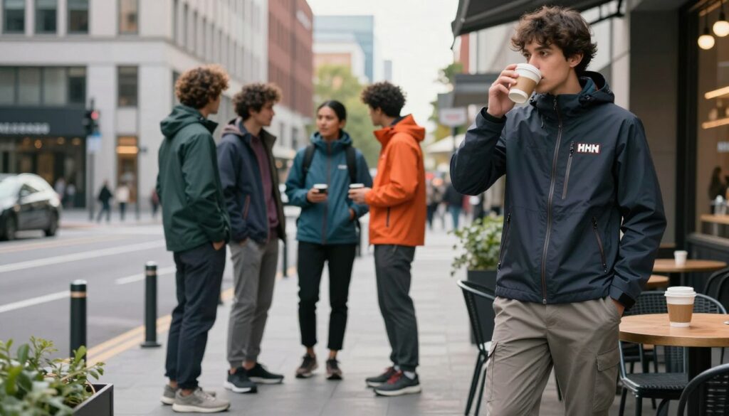 A stylish urban scene featuring individuals wearing Helly Hansen everyday clothing, demonstrating versatility in daily activities. In the foreground, a person dressed in a sleek, weather-resistant Helly Hansen jacket and casual pants is enjoying a cup of coffee at an outdoor café. In the middle ground, a small group engages in conversation, showcasing a variety of Helly Hansen apparel, including hoodies and lightweight jackets, vibrant colors contrasting against a gray city backdrop. The background features a bustling street with modern buildings and greenery, under a soft, diffused afternoon light that casts gentle shadows. Capture the lively atmosphere of a city where outdoor performance meets everyday life, emphasizing comfort and style.