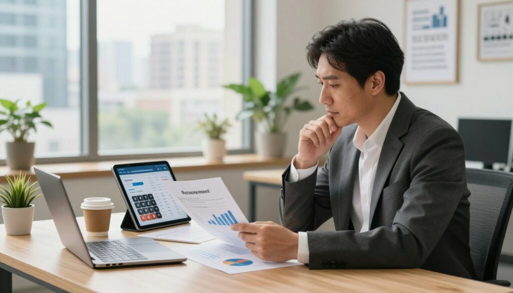 A thoughtful financial advisor sitting at a modern office desk, reviewing documents that display graphs and charts about retirement savings in the foreground. In the middle, a digital tablet showing a calculator app with figures related to retirement income, alongside a cup of coffee and a sleek laptop. The background features a large window overlooking a bustling city, with natural light streaming in, creating a warm, inviting atmosphere. The office is decorated with potted plants and motivational quotes on the walls, enhancing a professional yet relaxed environment. The advisor, dressed in smart business attire, appears focused and engaged, symbolizing the importance of understanding key factors that influence retirement amounts.