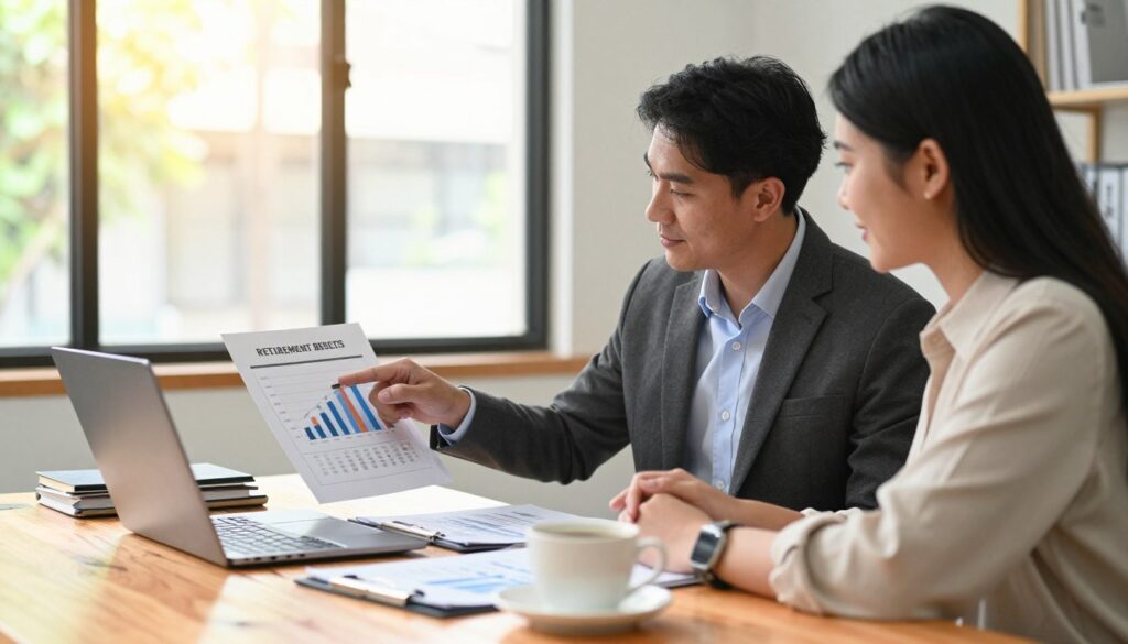 A thoughtful scene depicting a financial advisor and a couple in a cozy, well-lit office, discussing retirement plans. The foreground features a wooden desk with a laptop, financial documents, and a cup of coffee. The middle shows the advisor, dressed in a professional suit, pointing at a chart projecting potential benefits of increasing retirement income. The couple, appearing engaged, are dressed in smart casual attire. In the background, a large window reveals a sunny day outside, symbolizing hope and new beginnings. Soft, warm lighting creates an inviting atmosphere, encouraging a sense of trust and optimism about financial planning for retirement. The image captures the essence of exploring options to enhance one’s retirement benefits.