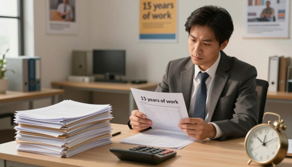 A thoughtful scene illustrating the concept of "15 years of work" in a professional context. In the foreground, depict a stack of paperwork, symbolizing years of dedication and effort, alongside a vintage calculator and a clock showing time passing. In the middle ground, include a well-dressed business professional sitting at a desk, deep in contemplation, looking at a financial report or a retirement plan. The background features a softly lit office space with motivational posters about retirement and hard work on the walls. Use warm, inviting lighting to create a sense of hope and reflection, emphasizing the importance of planning for future endeavors. The angle should be slightly elevated, capturing the depth of the office environment while focusing on the individual’s reflective mood.