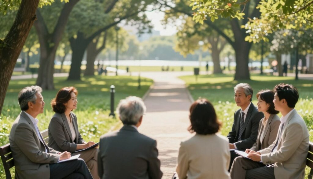 A thoughtful visualization of retirement and life expectancy featuring a serene park scene. In the foreground, a diverse group of professionals in modest business attire, including men and women of varying ages, engages in a conversation while sitting on a bench. The middle ground showcases lush greenery, symbolizing vitality, with a clear pathway leading toward a distant horizon. In the background, soft sunlight filters through the trees, casting gentle shadows and creating a warm and inviting atmosphere. The scene captures a moment of reflection, emphasizing the importance of planning for retirement and the journey of life. Use a soft focus lens to evoke a dreamlike quality, with a balanced composition that draws the viewer's eye towards the horizon, symbolizing the future ahead.
