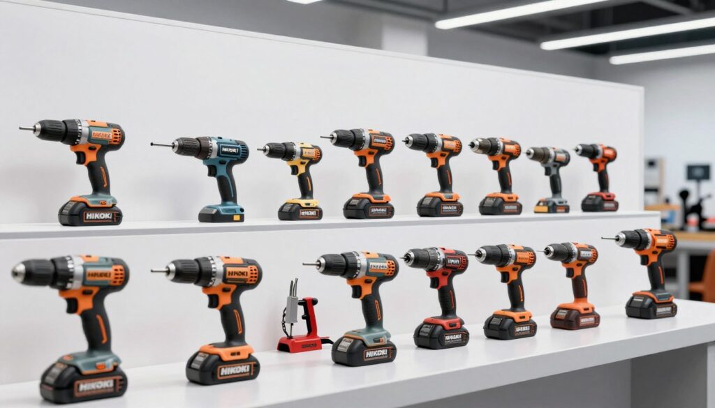 A timeline visually depicting the evolution of the HiKOKI power tool brand, transitioning from its origins as Hitachi to a technological powerhouse in Japan. In the foreground, showcase a variety of HiKOKI power tools, including drills, saws, and impact drivers, arranged dynamically to highlight their modern designs. In the middle ground, include a series of iconic products from different decades, demonstrating technological advancements, with subtle background silhouettes of early Hitachi tools. The background should feature a sleek, modern workshop environment with bright, even lighting that emphasizes the tools' features. Use a slightly angled perspective to create depth, conveying a mood of innovation and progress in the power tool industry. A timeline visually depicting the evolution of the HiKOKI power tool brand, transitioning from its origins as Hitachi to a technological powerhouse in Japan. In the foreground, showcase a variety of HiKOKI power tools, including drills, saws, and impact drivers, arranged dynamically to highlight their modern designs. In the middle ground, include a series of iconic products from different decades, demonstrating technological advancements, with subtle background silhouettes of early Hitachi tools. The background should feature a sleek, modern workshop environment with bright, even lighting that emphasizes the tools' features. Use a slightly angled perspective to create depth, conveying a mood of innovation and progress in the power tool industry.