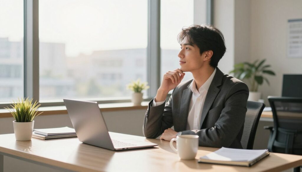 A tranquil office setting during a sunny afternoon, featuring a professional individual in smart business attire contemplating their well-deserved vacation. In the foreground, the person sits at a modern desk with a laptop, a notepad, and a coffee mug, casting a content expression. The middle ground showcases a large window with sunlight streaming in, illuminating the workspace and creating a warm atmosphere. In the background, a small plant adds a touch of nature, while distant city buildings can be seen. The overall mood is relaxed and hopeful, reflecting the anticipation of taking time off work. Soft, natural lighting enhances the inviting scene, suggesting a break from routine and the joys of leisure time.