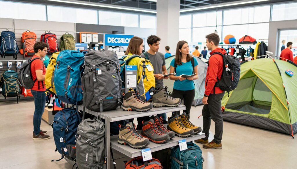 A vibrant Decathlon store interior showcasing a prominent Forclaz display dedicated to outdoor gear. In the foreground, a variety of Forclaz products, including sturdy backpacks, hiking boots, and tents, are neatly arranged on metal shelves. The middle ground features enthusiastic customers dressed in casual, functional clothing, examining the items and discussing their outdoor plans. The background displays bright, well-lit aisles filled with other sporting goods, creating an energetic shopping atmosphere. Soft natural lighting filters in from large windows, enhancing the welcoming feel. Capture the dynamic interaction between shoppers and the Forclaz brand, all framed with a wide-angle lens to emphasize depth and space within the store.