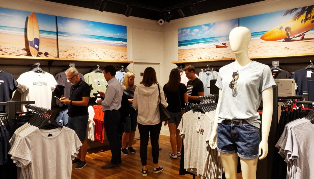 A vibrant Hollister store interior, showcasing its unique marketing strategy through an inviting layout. In the foreground, a stylish mannequin dressed in casual, trendy clothing stands on display, symbolizing youthful fashion. The middle ground features customers browsing through neatly arranged clothing racks, creating a lively shopping atmosphere with diverse individuals in professional business attire. The background presents large, artistic images of beach scenes and surf culture, enhancing the brand's coastal vibe. Soft, warm lighting casts an inviting glow, emphasizing the store's relaxed ambiance. A slightly elevated angle captures the dynamic environment, promoting a sense of exploration and excitement within the unique shopping experience offered by Hollister.