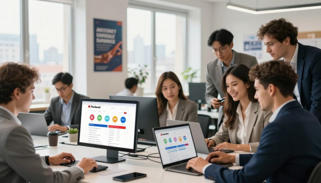 A vibrant and engaging digital workspace scene showcasing popular recruitment websites in Poland. In the foreground, a diverse group of professionals in smart business attire is gathered around a modern desk with laptops open, analyzing job postings. One screen displays colorful logos of well-known Polish job portals. The middle ground features a bright office with large windows allowing natural light to flood in, highlighting motivational posters about career success. In the background, a cityscape silhouette emphasizes a bustling, urban environment. Use a warm color palette to inspire optimism and motivation. Employ a slight depth of field to focus on the professionals while softly blurring the background, creating an inviting atmosphere filled with potential and opportunity. A vibrant and engaging digital workspace scene showcasing popular recruitment websites in Poland. In the foreground, a diverse group of professionals in smart business attire is gathered around a modern desk with laptops open, analyzing job postings. One screen displays colorful logos of well-known Polish job portals. The middle ground features a bright office with large windows allowing natural light to flood in, highlighting motivational posters about career success. In the background, a cityscape silhouette emphasizes a bustling, urban environment. Use a warm color palette to inspire optimism and motivation. Employ a slight depth of field to focus on the professionals while softly blurring the background, creating an inviting atmosphere filled with potential and opportunity.