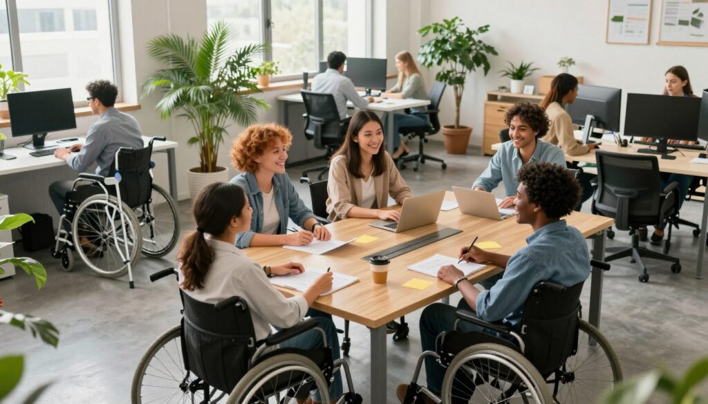 A vibrant and inclusive workplace environment showcasing individuals with disabilities engaging in various professional tasks. In the foreground, a diverse group of wheelchair users and people with visual impairments collaborate around a conference table, discussing ideas and smiling. In the middle ground, an open office space filled with plants and modern furniture, where a person using crutches works at a computer, highlighting accessibility features. The background features large windows with natural light flooding in, creating a warm and inviting atmosphere. The image is captured from a slightly elevated angle to encompass the whole scene, emphasizing teamwork and inclusivity. The overall mood is optimistic and empowering, illustrating opportunities for individuals with disabilities in the job market.