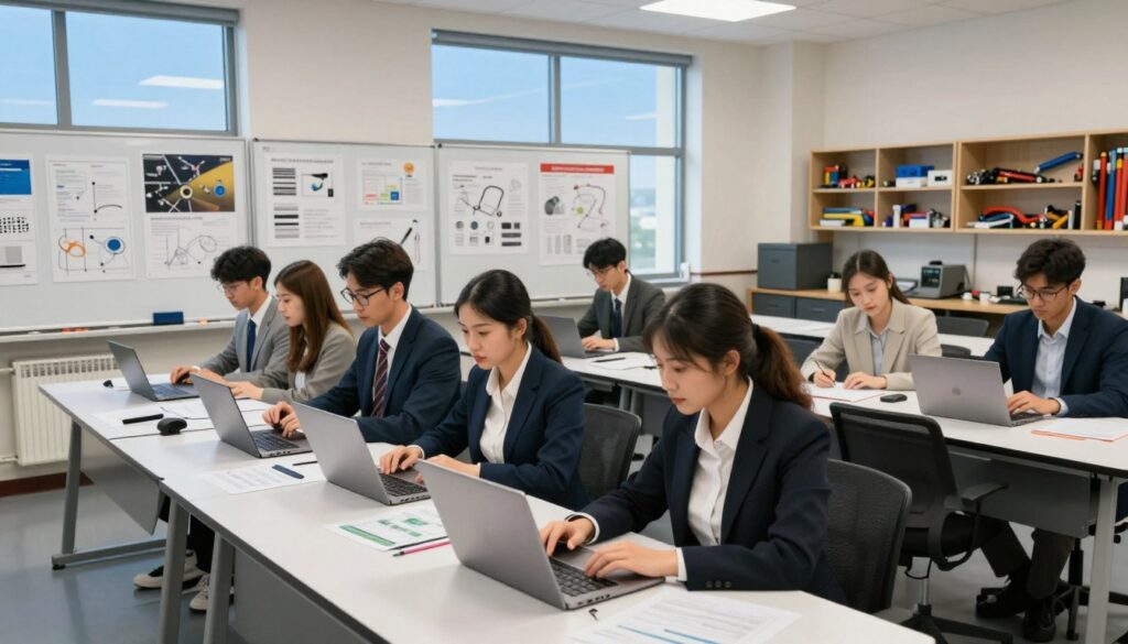 A vibrant and modern technikum classroom filled with students engaged in hands-on learning. In the foreground, a diverse group of students, dressed in professional business attire, collaborates on a technical project using laptops and design materials. The middle ground features interactive whiteboards and educational posters about technical subjects, while a window shows a clear blue sky, allowing natural light to flood the room. In the background, shelves filled with tools and equipment highlight the practical aspect of technical education. The atmosphere is focused and dynamic, conveying a sense of professionalism and determination among the students as they prepare for their future careers. The image is captured with a slightly elevated angle to emphasize the interaction and collaboration happening in the classroom.