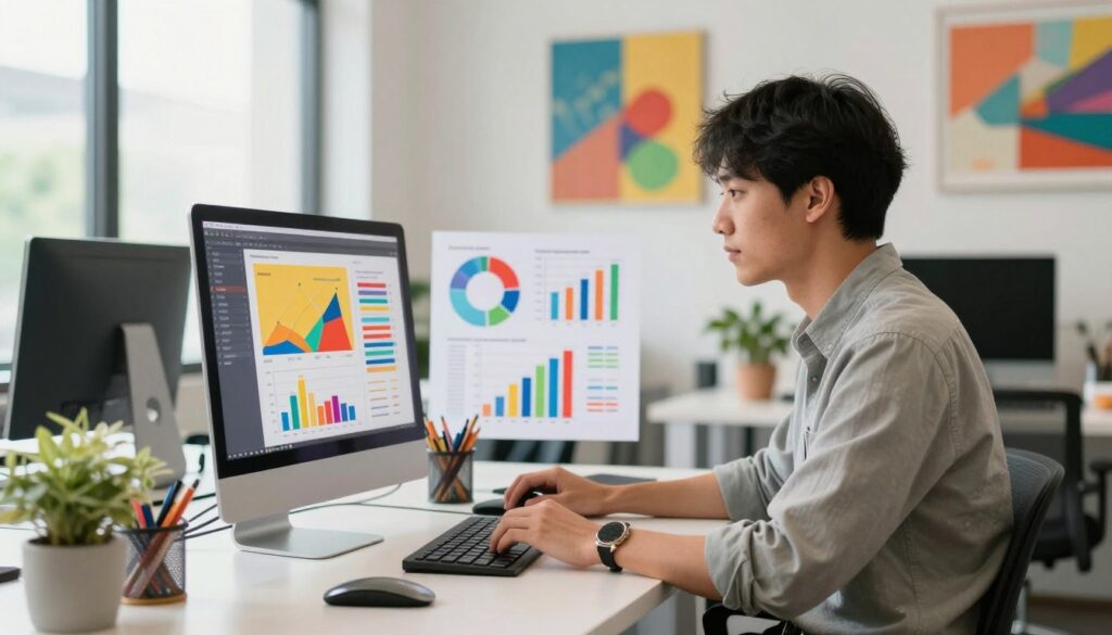 A vibrant and professional office space filled with creative energy, featuring a young graphic designer at a sleek desk, working on a computer. The foreground includes the designer, a person of Asian descent dressed in smart casual attire, focused on a colorful digital design displayed on the screen. In the middle ground, there are critical elements like charts and infographics about salary factors, subtly integrated into the background. The background showcases bright, inspiring artwork hanging on the walls and natural light filtering in through large windows, creating a warm and inviting atmosphere. The image embodies a sense of professionalism and creativity, highlighting the key factors affecting graphic design salaries in a successful career.