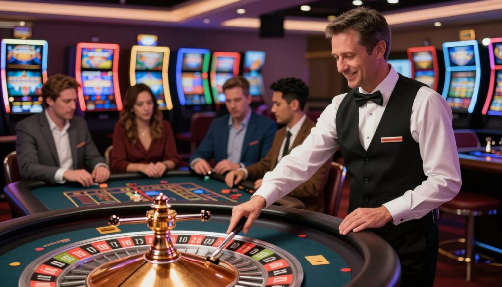 A vibrant casino scene showcasing a professional croupier at a roulette table. In the foreground, the croupier, a middle-aged man in a crisp white dress shirt and black vest, expertly spins the roulette wheel, with an engaging smile that reflects confidence and skill. In the middle ground, diverse players are seated at the table, focused on the game, wearing smart casual attire. The background features glimmering slot machines and colorful lights, enhancing the casino atmosphere. Soft, ambient lighting highlights the croupier, creating a warm and inviting mood. The angle is slightly elevated, capturing the excitement of the game while emphasizing the professionalism of the croupier.