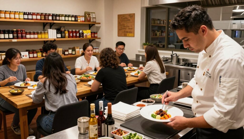 A vibrant culinary workspace showcasing multiple sources of income in the food industry. In the foreground, a well-organized kitchen with a chef in professional attire expertly plating a gourmet dish, conveying skill and creativity. In the middle ground, a small group of diners enjoying a culinary class, demonstrating the educational aspect of additional income streams. Behind them, an inviting space with neatly arranged jars of homemade sauces and artisanal products for sale, highlighting entrepreneurship in gastronomy. The lighting is warm and welcoming, with soft shadows creating a cozy atmosphere. The angle is slightly elevated to capture the multitasking environment and the interaction between chefs and customers, emphasizing the joy of food and the dynamic nature of the culinary industry.