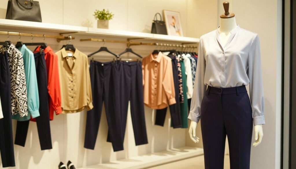 A vibrant display of a modern clothing collection featuring stylish trousers and blouses in a neatly arranged boutique setting. In the foreground, showcase a mannequin dressed in a chic, tailored blouse paired with elegant trousers, reflecting current fashion trends. The middle ground reveals a variety of clothing racks filled with colorful blouses and sophisticated trousers in different fabrics and patterns. The background features soft lighting that creates a warm, inviting atmosphere, accented by minimalistic decor. A camera angle from slightly above captures the entire setup, emphasizing the diversity of the clothing line. The mood is professional yet fashionable, conveying a sense of innovation and style within the clothing industry.