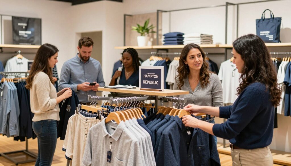 A vibrant, professional setting showcasing a stylish Hampton Republic clothing display within a Kappahl store. In the foreground, a well-dressed sales associate is adjusting a neatly arranged rack of Hampton Republic garments, showcasing casual and stylish apparel suitable for everyday wear. The middle layer features customers browsing the clothing, interacting with each other, and examining the products, all clad in smart casual attire, reflecting a warm, inviting atmosphere. The background highlights the Kappahl store's modern interior design with soft, natural lighting illuminating the products, creating a welcoming shopping experience. The focus is on harmony and collaboration between the two brands, conveying a sense of community and customer engagement in a retail environment.