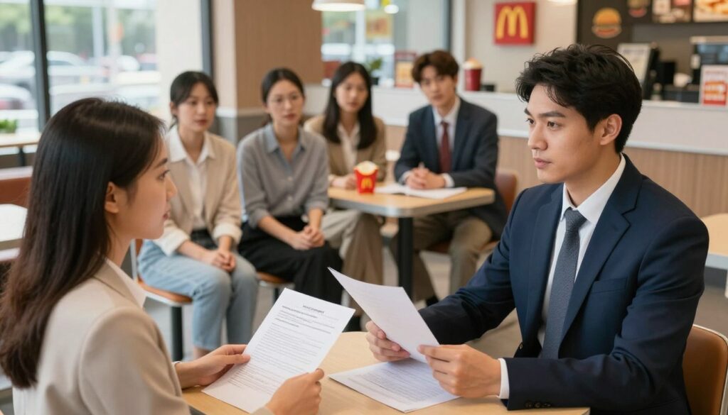 A vibrant recruitment scene set in a modern McDonald's restaurant, showcasing a diverse group of professional individuals engaged in a hiring process. In the foreground, a well-dressed manager in their 30s interviews a potential candidate with a focused expression. The candidate, a young adult in smart casual attire, holds a resume, displaying eagerness. In the middle ground, a small group of applicants waits, demonstrating a mix of anticipation and professionalism. The background captures the inviting ambiance of the restaurant, with bright lighting and cheerful decor. Use soft, natural light to create a welcoming atmosphere, and employ a slightly elevated angle to encompass the dynamics of recruitment. The overall mood should convey hope and opportunity in the job search process.