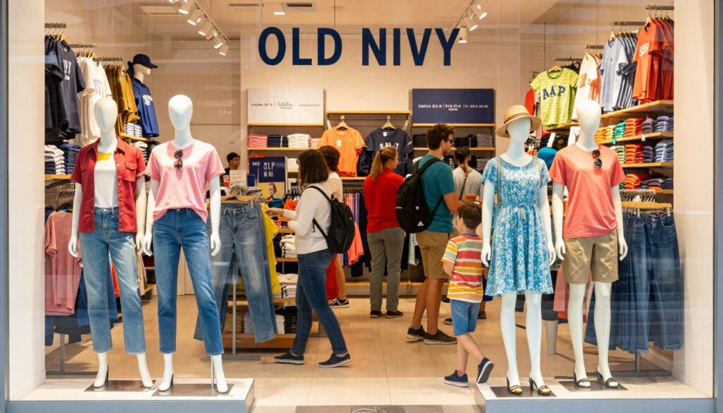 A vibrant storefront of Old Navy, showcasing a variety of colorful casual apparel. In the foreground, mannequins display stylish outfits in a well-organized window display, featuring denim jeans, T-shirts, and summer dresses. The middle ground captures a busy shopping environment with diverse customers, dressed in smart casual clothing, exploring the store. Bright, natural lighting streams in through large windows, creating an inviting atmosphere. The background highlights the modern interior design with clear signage and shelves filled with neatly folded clothes. The mood is lively and cheerful, emphasizing the brand's accessible and family-friendly appeal. The overall composition conveys a sense of community shopping experience, reflecting the essence of Old Navy as a part of the Gap Inc. family of brands.