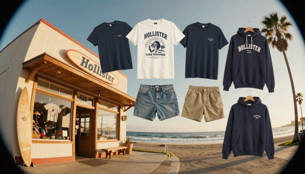 A vintage-inspired collage representing the history of Hollister brand clothing. In the foreground, show a retro storefront with wooden accents and surf-inspired decor, capturing the essence of California coastal life. In the middle, display iconic Hollister clothing items from various eras, like graphic tees, casual shorts, and hoodies, elegantly hung or laid out. In the background, include subtle elements like the ocean waves and palm trees to evoke a sunny, laid-back atmosphere. Use warm, inviting lighting to create an uplifting mood, reminiscent of a golden hour. Employ a slight fisheye lens perspective to enhance the dynamic feel of the image, making it engaging and visually appealing.