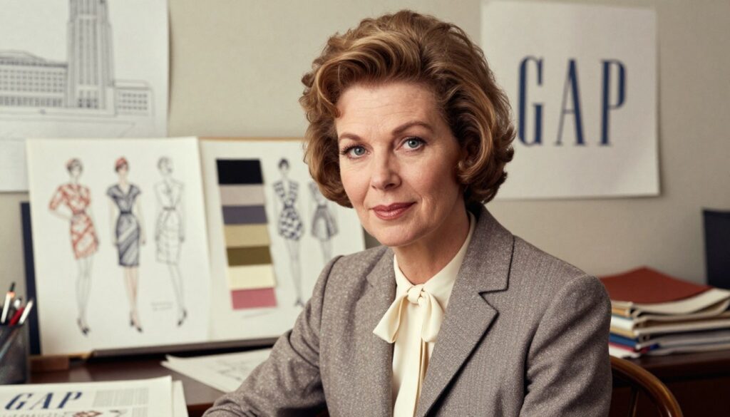A vintage portrait of Doris Fisher in 1969, showcasing her as a dynamic businesswoman in a professional outfit, surrounded by elements that reflect the era of the late 1960s. In the foreground, highlight Fisher’s confident expression and stylish attire—a tailored blazer over a classic blouse, with understated accessories. In the middle, include a workspace with fashion sketches and fabric swatches, emphasizing her role in shaping the GAP brand. In the background, faint outlines of iconic 1960s San Francisco architecture, hinting at the brand’s roots. Use warm, natural lighting to create an inviting atmosphere, shot from a slightly elevated angle to draw in the viewer’s eye, capturing the essence of innovation and entrepreneurship.