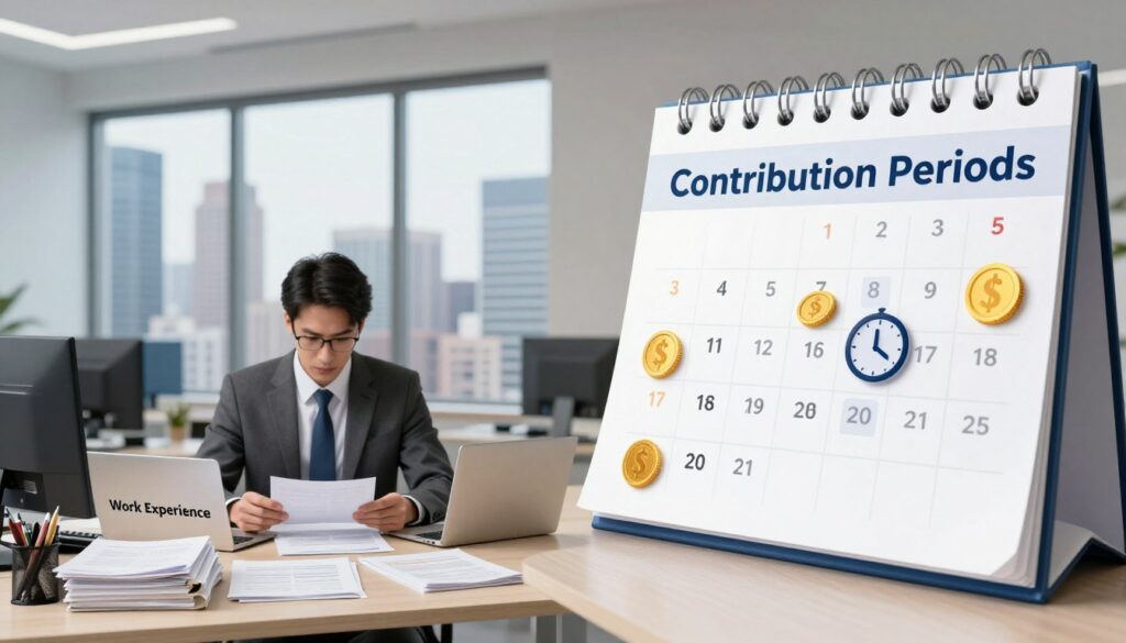 A visual representation focusing on the differences between work experience and contribution periods. In the foreground, depict a professional office environment with two contrasting sections: on one side, a dedicated employee working at a desk, surrounded by files and documents labeled "Work Experience" in an organized manner. On the opposite side, a calendar or timeline showcasing "Contribution Periods," marked with distinct icons like coins and clock symbols. In the middle ground, an open window reveals a bustling cityscape, symbolizing real-world applications. The background should feature soft, focused lighting to enhance professionalism, captured with a slightly upward angle to emphasize the importance of both concepts. The mood is informative, emphasizing clarity and understanding, suitable for educational purposes.