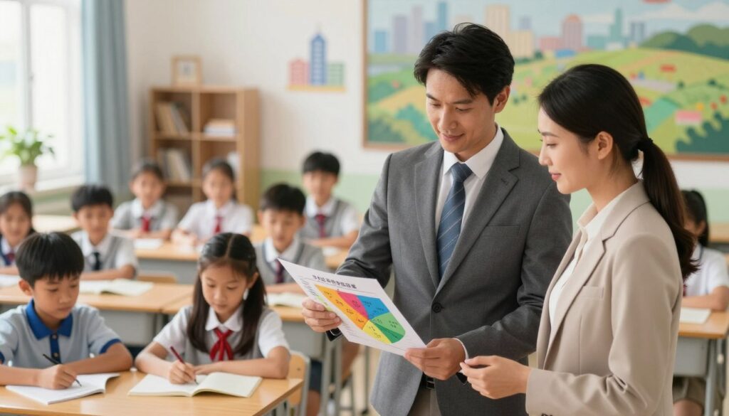 A visual representation of income diversity among primary school directors across various regions. In the foreground, depict a well-dressed male and female school director, standing together, looking at a colorful chart illustrating different salary ranges in various geographic areas. In the middle, show a classroom setting with diverse children studying, symbolizing the impact of leadership on education. In the background, include a soft-focus view of a city skyline and rural landscape, indicating urban and rural income disparities. Use warm, natural lighting to create an inviting atmosphere. The angle should be slightly elevated, capturing both subjects and their surroundings harmoniously, emphasizing professionalism and a sense of community.