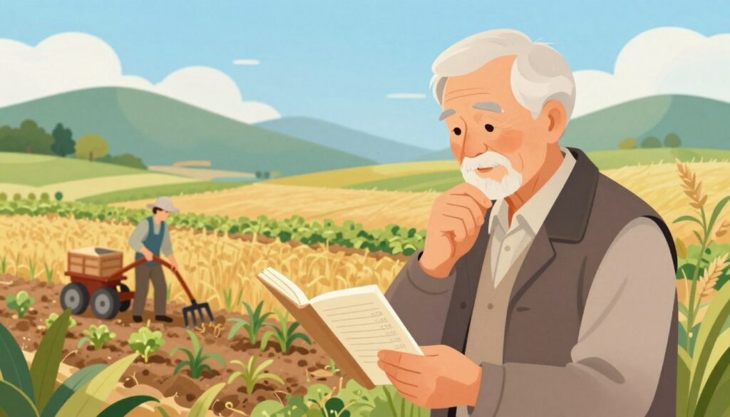 A visually engaging illustration depicting the components of agricultural pension benefits within a rural setting. In the foreground, include an elderly farmer in professional attire, looking thoughtfully at a ledger filled with numbers, symbolizing pension calculations. In the middle, illustrate various elements such as crops, fields, and farming tools, representing the agricultural work contributing to pension benefits. In the background, show a serene rural landscape with rolling hills and a clear blue sky, highlighting the peacefulness of rural life. Use warm, natural lighting to evoke a sense of nostalgia and stability. Capture the scene from a slightly elevated angle for depth, ensuring a harmonious balance between the characters and the environment. The atmosphere should be reflective and hopeful, embodying the essence of retirement planning in the agricultural sector.
