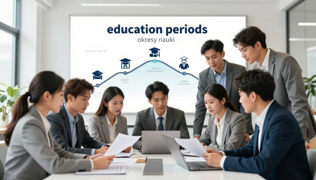 A visually engaging illustration depicting the relationship between education periods and employee rights. In the foreground, display a diverse group of professionals dressed in business attire, collaborating on a project at a modern office table, with documents and a laptop open before them. In the middle ground, feature a large wall chart or infographic highlighting "education periods" (okresy nauki) with icons representing different educational stages like high school, vocational training, and university. The background shows a bright and airy office environment with large windows letting in natural light, enhancing a positive, productive atmosphere. Use a soft focus on the background to emphasize the professionals in the foreground, creating a sense of teamwork and inquiry about work experience calculations. A visually engaging illustration depicting the relationship between education periods and employee rights. In the foreground, display a diverse group of professionals dressed in business attire, collaborating on a project at a modern office table, with documents and a laptop open before them. In the middle ground, feature a large wall chart or infographic highlighting "education periods" (okresy nauki) with icons representing different educational stages like high school, vocational training, and university. The background shows a bright and airy office environment with large windows letting in natural light, enhancing a positive, productive atmosphere. Use a soft focus on the background to emphasize the professionals in the foreground, creating a sense of teamwork and inquiry about work experience calculations.