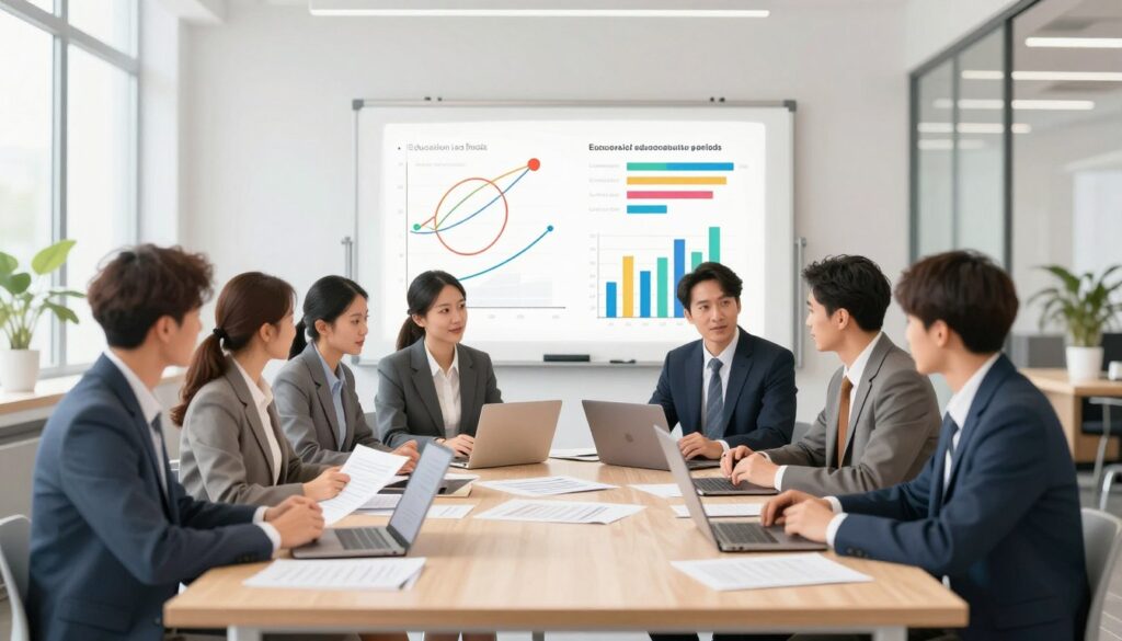A visually engaging illustration representing the principles of recognizing educational periods towards vacation leave duration. In the foreground, depict a diverse group of professionals in business attire, discussing around a large table filled with documents and laptops. In the middle ground, show a whiteboard with colorful charts and graphs illustrating the correlation between education and work experience. The background features a modern office environment with large windows allowing natural light to flood the space, creating an open and inviting atmosphere. Use soft lighting to enhance the feeling of collaboration and focus. The composition should convey a sense of professionalism and growth, emphasizing the importance of education in career advancement.