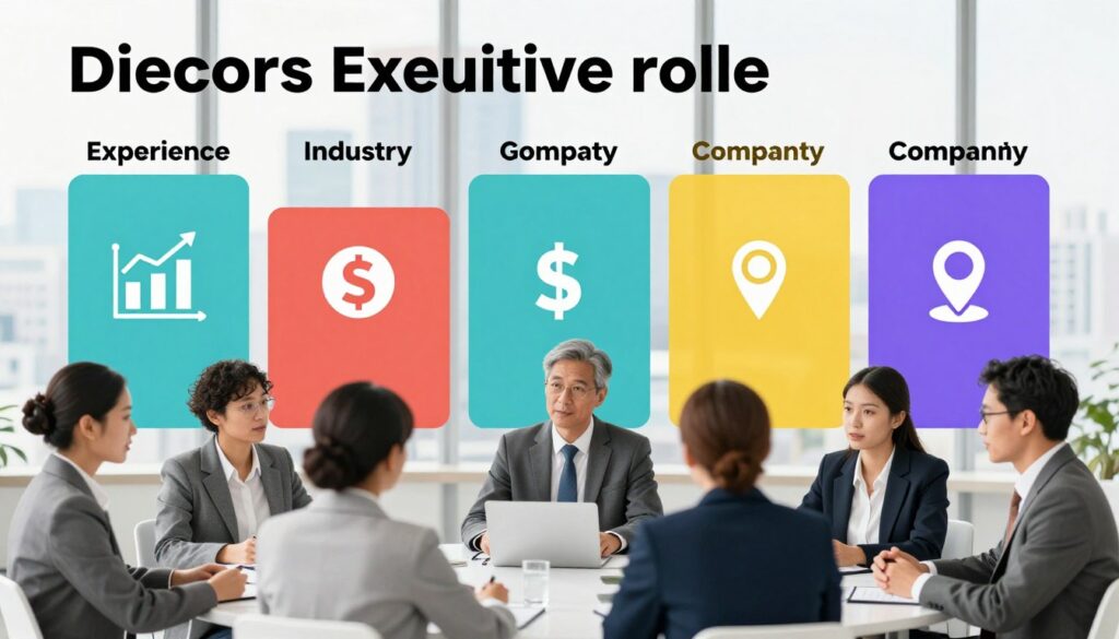 A visually engaging infographic illustrating the key factors influencing salary levels in executive roles, specifically for a director position. In the foreground, a diverse group of professionals dressed in smart business attire are engaged in discussion, representing collaboration and insight. In the middle, visually distinct sections highlight various factors such as experience, industry, geographic location, and company size, using vibrant colors and icons like graphs, dollar signs, and location markers. The background features a blurred office skyline, creating a professional atmosphere. Soft, natural lighting enhances the scene, emphasizing a sense of clarity and focus. The overall mood conveys professionalism and analysis, perfect for an informative article section. A visually engaging infographic illustrating the key factors influencing salary levels in executive roles, specifically for a director position. In the foreground, a diverse group of professionals dressed in smart business attire are engaged in discussion, representing collaboration and insight. In the middle, visually distinct sections highlight various factors such as experience, industry, geographic location, and company size, using vibrant colors and icons like graphs, dollar signs, and location markers. The background features a blurred office skyline, creating a professional atmosphere. Soft, natural lighting enhances the scene, emphasizing a sense of clarity and focus. The overall mood conveys professionalism and analysis, perfect for an informative article section.