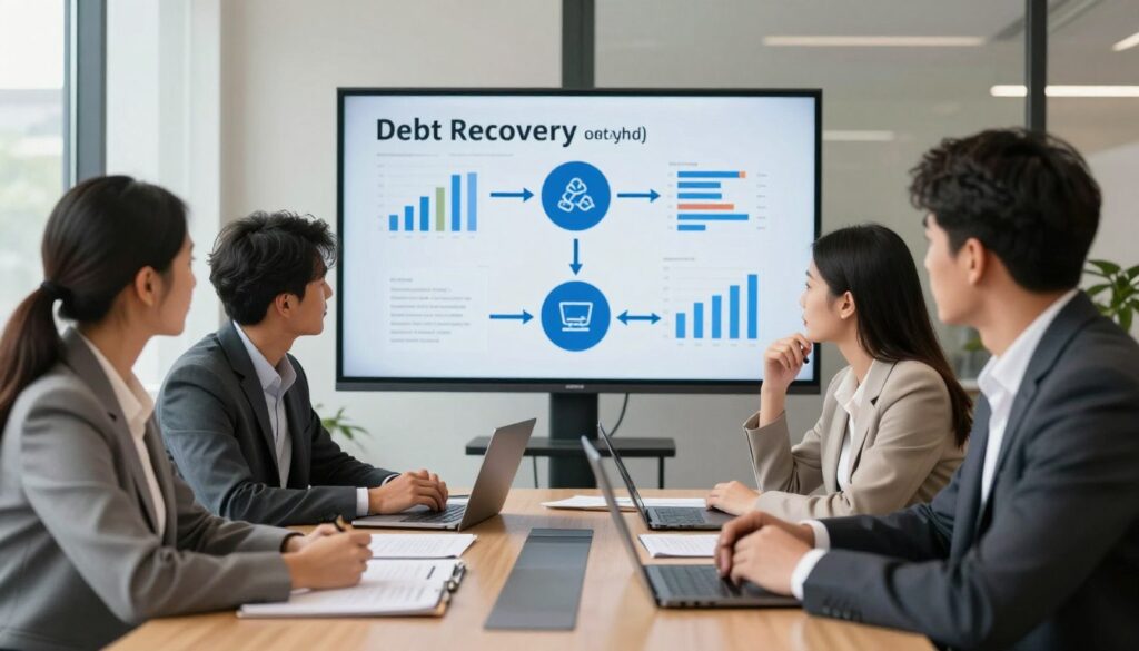 A visually engaging representation of the stages of debt recovery (etapy windykacji) in an office setting. In the foreground, a diverse group of three professionals, dressed in smart business attire, are engaged in a strategic meeting around a conference table filled with documents and laptops, exuding focus and determination. The middle ground features a digital presentation screen displaying infographics and charts illustrating the debt recovery process, with arrows and flowcharts. In the background, large windows let in natural light, casting a warm and inviting glow over the scene, emphasizing collaboration and professionalism. The overall mood is serious yet optimistic, highlighting the effectiveness of a structured approach to debt recovery.