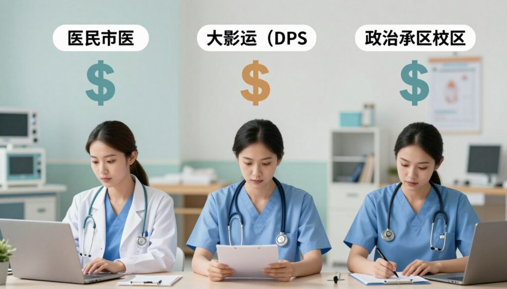 A visually informative comparison of medical caregiver salaries, showcasing three distinct scenarios: a hospital setting, a care facility (DPS), and a private sector workspace. In the foreground, depict medical caregivers in professional attire, engaged in their roles with expressions of dedication and care. The middle ground should feature clear visual indicators of each environment – hospital equipment, residential care elements, and private sector office features, with subtle overlays of dollar signs or graphs in a harmonious manner to indicate salary differences. The background should blend each setting softly, merging them into a cohesive scene. Use soft, natural lighting to create an inviting atmosphere, with a slight focus on clarity and professionalism. Set the perspective from a slightly elevated angle to allow all elements to be visible and comprehensible.