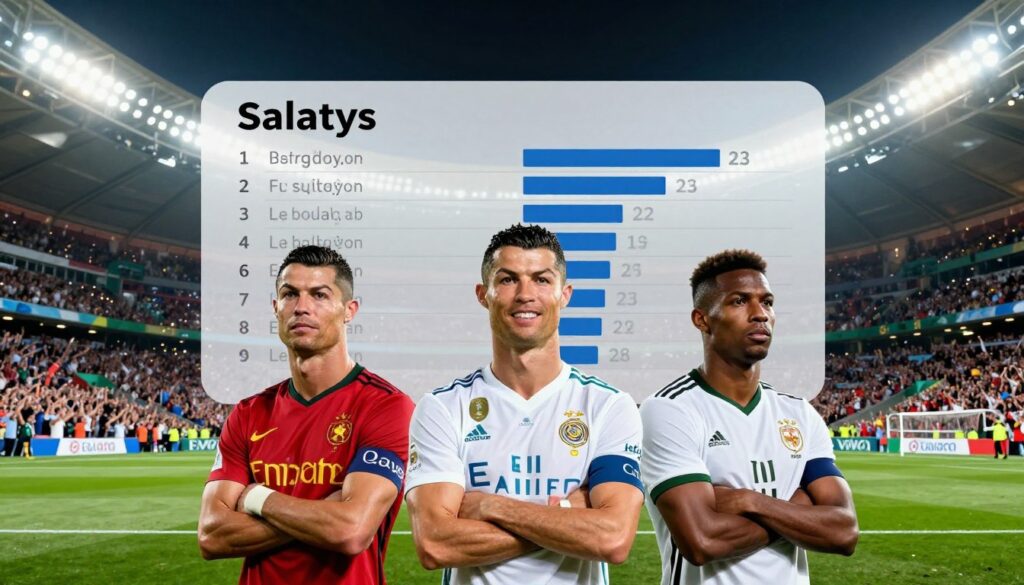 A visually striking comparison of famous footballers' salaries, focusing on Cristiano Ronaldo and other renowned athletes. In the foreground, depict three football players in professional athletic wear, each representing different football clubs, standing confidently with crossed arms. The middle layer showcases a stylish graph or chart illustrating their earnings side by side. In the background, a vibrant football stadium illuminated by bright stadium lights, filled with cheering fans, adds a dynamic atmosphere. Use a slightly elevated angle to emphasize the graph while maintaining the players' presence. The lighting should be bright and engaging, creating an energetic mood that captures the excitement of football and the financial aspect of the sport.