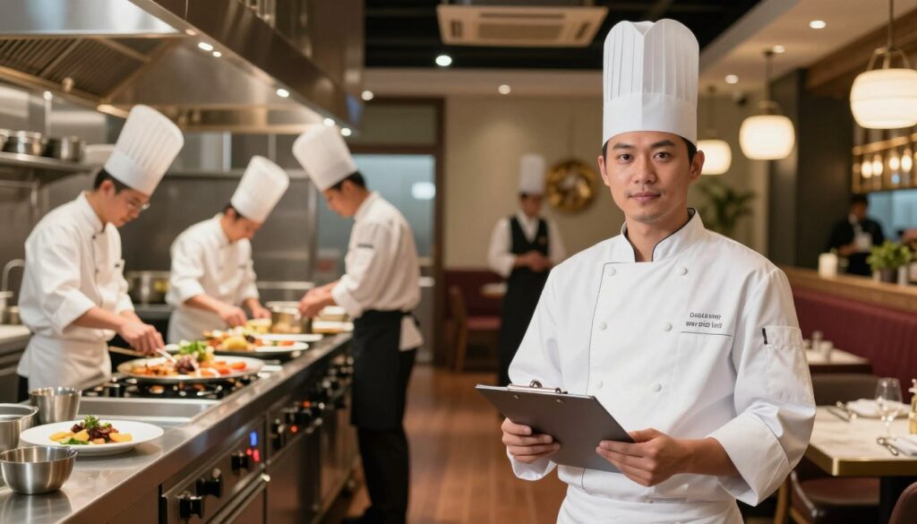 A visually striking comparison of hotel and restaurant wages, featuring a split scene. In the foreground, a professional chef in a crisp white coat stands confidently, holding a clipboard with salary figures, symbolizing the culinary profession. The left side showcases a modern hotel kitchen, complete with stainless steel appliances and chefs in uniforms diligently working. The right side presents a vibrant restaurant setting, with tasteful decor and a diverse team of staff in professional attire. The background is softly lit, highlighting the contrast between the two environments, creating an inviting atmosphere. Use warm, natural lighting to evoke a sense of professionalism and dedication. The lens should capture the scene from a slightly elevated angle, giving a comprehensive view while emphasizing the importance of wage comparisons.