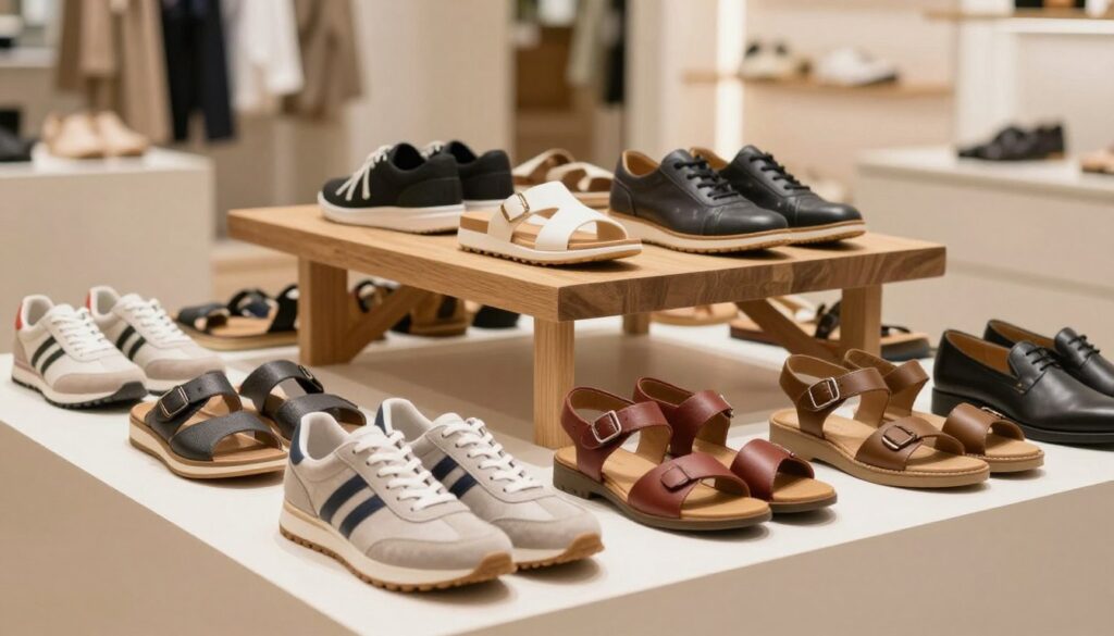 A visually striking display of various GoSoft Swiss Comfort shoes, arranged in an elegant showcase. The foreground features a variety of shoe models, including casual sneakers, comfortable sandals, and supportive orthotic footwear, crafted in rich, appealing colors and textures. The middle ground includes a stylish wooden table with soft lighting highlighting the craftsmanship of the shoes. The background presents a soft, blurred interior of a chic boutique, with neutral tones to enhance the focus on the products. The atmosphere is inviting and sophisticated, evoking a sense of comfort and quality. The lighting is soft and warm, creating an appealing ambiance, while the perspective is slightly angled to draw the viewer’s attention towards the shoes. No text or overlays are present in the image. A visually striking display of various GoSoft Swiss Comfort shoes, arranged in an elegant showcase. The foreground features a variety of shoe models, including casual sneakers, comfortable sandals, and supportive orthotic footwear, crafted in rich, appealing colors and textures. The middle ground includes a stylish wooden table with soft lighting highlighting the craftsmanship of the shoes. The background presents a soft, blurred interior of a chic boutique, with neutral tones to enhance the focus on the products. The atmosphere is inviting and sophisticated, evoking a sense of comfort and quality. The lighting is soft and warm, creating an appealing ambiance, while the perspective is slightly angled to draw the viewer’s attention towards the shoes. No text or overlays are present in the image.