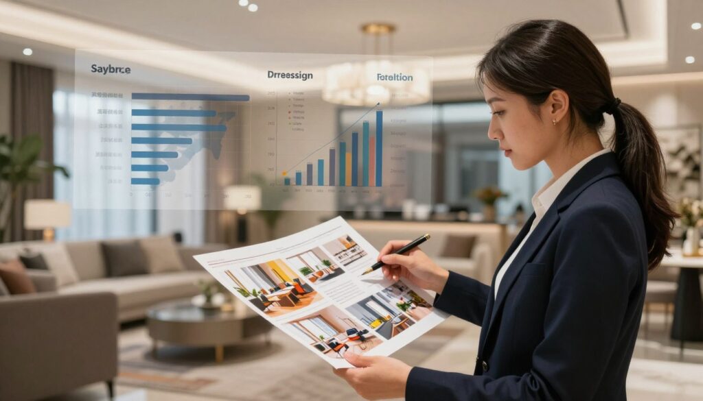 A visually striking representation of key factors influencing salaries, focusing on the profession of interior design. The foreground features a professional interior designer in smart business attire, thoughtfully analyzing a portfolio filled with vibrant images of past projects. In the middle ground, charts and graphs subtly depict salary influences such as experience, geographic location, and education level, rendered with modern aesthetics. The background showcases an elegant, well-lit interior space that reflects design excellence, with a blend of warm and cool lighting to create an inviting atmosphere. The angle is slightly overhead, allowing a clear view of both the designer's concentration and the illustrative data. The mood conveys professionalism, success, and creativity, emphasizing the impact of a strong portfolio on earning potential.