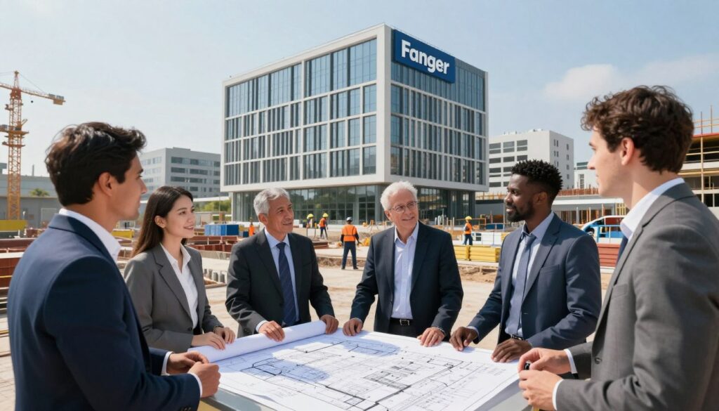 A visually striking scene depicting Fanger, a prominent construction company, standing out against its competitors in the construction industry. In the foreground, a dynamic group of diverse professionals in smart business attire engages in a discussion, with blueprints and construction plans spread out on a table. The middle ground features a sleek, modern Fanger building, showcasing its innovative design, with workers collaborating on site. In the background, less impressive buildings from rival companies highlight the competitive landscape. The mood is optimistic and inspiring, bathed in bright, natural lighting, with a wide-angle lens to capture the expanse of the construction site and surrounding area. The atmosphere conveys Fanger's leadership and innovation in the industry. A visually striking scene depicting Fanger, a prominent construction company, standing out against its competitors in the construction industry. In the foreground, a dynamic group of diverse professionals in smart business attire engages in a discussion, with blueprints and construction plans spread out on a table. The middle ground features a sleek, modern Fanger building, showcasing its innovative design, with workers collaborating on site. In the background, less impressive buildings from rival companies highlight the competitive landscape. The mood is optimistic and inspiring, bathed in bright, natural lighting, with a wide-angle lens to capture the expanse of the construction site and surrounding area. The atmosphere conveys Fanger's leadership and innovation in the industry.