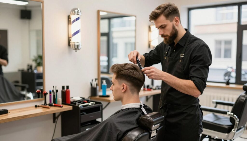 A well-dressed barber in a stylish salon, showcasing his skills as he expertly clips a client's hair. The barber, a man in his thirties with a neat beard, wears a tailored black shirt and apron, exuding professionalism and confidence. The client, a young man in casual attire, sits comfortably in a modern barber chair. In the background, vibrant barber tools are neatly arranged, and large mirrors reflect the bright, inviting lights of the salon, creating a warm atmosphere. The angle captures both the barber's focused expression and the client's relaxed demeanor. Natural light streams in from a large window, enhancing the welcoming ambiance, highlighting the art of barbering in Poland and emphasizing the theme of skill and experience. A well-dressed barber in a stylish salon, showcasing his skills as he expertly clips a client's hair. The barber, a man in his thirties with a neat beard, wears a tailored black shirt and apron, exuding professionalism and confidence. The client, a young man in casual attire, sits comfortably in a modern barber chair. In the background, vibrant barber tools are neatly arranged, and large mirrors reflect the bright, inviting lights of the salon, creating a warm atmosphere. The angle captures both the barber's focused expression and the client's relaxed demeanor. Natural light streams in from a large window, enhancing the welcoming ambiance, highlighting the art of barbering in Poland and emphasizing the theme of skill and experience.