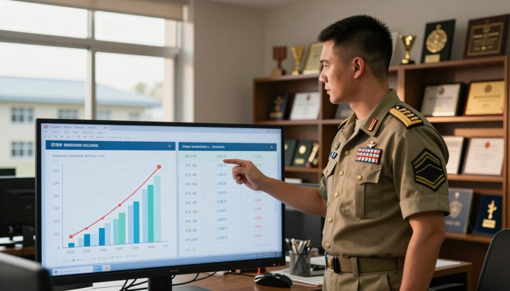 A well-dressed military officer standing confidently in an office environment, analyzing performance charts on a large screen. In the foreground, there are two charts: one showing a soldier’s salary progression over time and the other illustrating military promotions and their impacts on salary. The officer, wearing a neat uniform, is closely examining the data, projecting a sense of authority and professionalism. In the middle ground, shelves filled with military awards and recognition certificates can be seen, emphasizing accomplishments. The background features a window with a view of a barracks, bathed in warm afternoon light that casts a soft glow across the room, creating a thoughtful and focused atmosphere, ideal for a discussion on career advancement in the military. A well-dressed military officer standing confidently in an office environment, analyzing performance charts on a large screen. In the foreground, there are two charts: one showing a soldier’s salary progression over time and the other illustrating military promotions and their impacts on salary. The officer, wearing a neat uniform, is closely examining the data, projecting a sense of authority and professionalism. In the middle ground, shelves filled with military awards and recognition certificates can be seen, emphasizing accomplishments. The background features a window with a view of a barracks, bathed in warm afternoon light that casts a soft glow across the room, creating a thoughtful and focused atmosphere, ideal for a discussion on career advancement in the military.