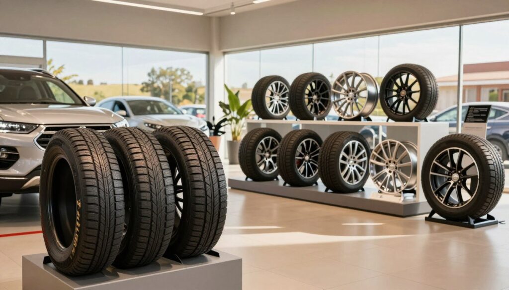 A well-lit automotive showroom displaying a variety of Falken tires tailored for different vehicle types, such as sedans, SUVs, and sports cars. In the foreground, a set of high-performance Falken tires positioned on elegant pedestals, showcasing their tread patterns and unique designs. In the middle ground, a stylish display includes various tire sizes and models, complemented by sleek, modern rims. The background features an expansive glass wall revealing an outdoor view of a sunny landscape, enhancing the vibrant atmosphere. Use warm lighting to create an inviting ambiance, focusing on an inviting sense of exploration. The angle should be slightly elevated, capturing the entire scene dynamically while maintaining clarity in detail.