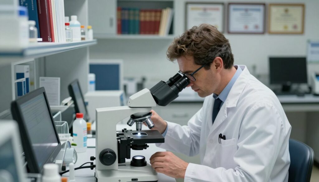 A well-lit hospital lab scene focused on a pathologist in a professional lab coat examining samples under a microscope. The foreground features the pathologist, a middle-aged individual of Caucasian descent, with short brown hair and glasses, deeply focused on their work. In the middle ground, various laboratory equipment, such as microscopes, slides, and organized files, reflect a bustling but orderly environment. The background showcases shelves with medical textbooks and framed certificates that highlight the importance of the pathologist's specialization. Soft, diffused lighting illuminates the room, creating a calm and dedicated atmosphere. The angle is slightly from above, capturing both the pathologist's concentration and the organized workspace, emphasizing the critical role of the profession in the healthcare system. A well-lit hospital lab scene focused on a pathologist in a professional lab coat examining samples under a microscope. The foreground features the pathologist, a middle-aged individual of Caucasian descent, with short brown hair and glasses, deeply focused on their work. In the middle ground, various laboratory equipment, such as microscopes, slides, and organized files, reflect a bustling but orderly environment. The background showcases shelves with medical textbooks and framed certificates that highlight the importance of the pathologist's specialization. Soft, diffused lighting illuminates the room, creating a calm and dedicated atmosphere. The angle is slightly from above, capturing both the pathologist's concentration and the organized workspace, emphasizing the critical role of the profession in the healthcare system.