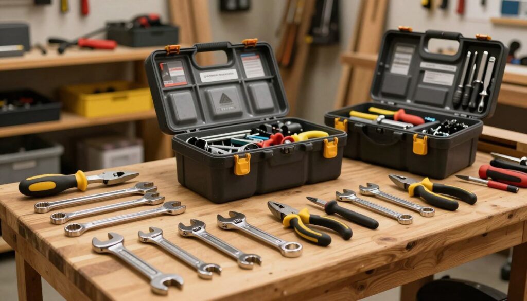 A well-organized array of hand tools displayed prominently on a wooden workbench, showcasing the variety offered by a professional tool company. In the foreground, focus on essential tools such as wrenches, pliers, and screwdrivers, meticulously arranged for easy visibility. The middle ground should highlight a sturdy toolbox slightly opened, revealing additional tools and accessories neatly stored inside. In the background, a softly blurred workshop setting with wooden shelves holding more tools and equipment adds depth to the scene. The lighting is warm and inviting, emulating a cozy workshop atmosphere, with soft shadows creating a sense of dimension. The camera angle is slightly elevated, allowing a comprehensive view of the tools while maintaining an aesthetically pleasing composition. The mood is professional yet approachable, perfect for illustrating the craftsmanship and history of hand tools.
