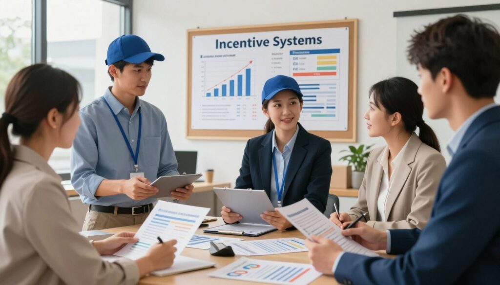 A well-organized courier office setting showcasing a premium incentive system. In the foreground, a diverse group of couriers in professional business attire are engaged in discussion over performance charts and rewards. The middle ground features a bulletin board with visually appealing graphs illustrating earnings, bonuses, and benefits. In the background, a bright modern workspace with large windows, soft natural lighting filtering through, creating an uplifting atmosphere. The overall mood conveys teamwork and success, with warm colors that promote positivity and motivation. Focused on clarity and professionalism, the image reflects a dynamic work environment that emphasizes the importance of incentive systems within the courier industry.
