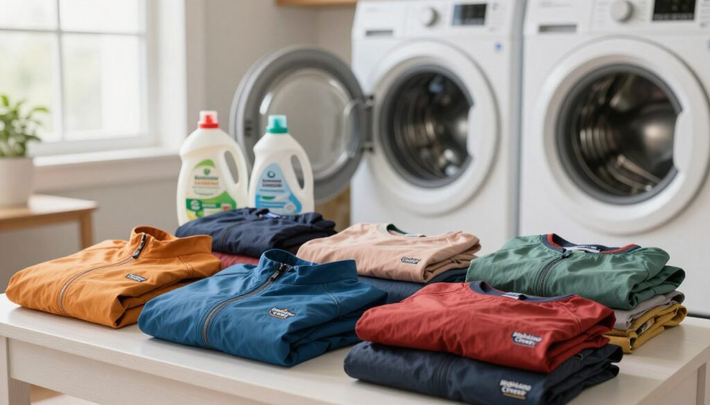 A well-organized home laundry scene showcasing the care of Highland Creek apparel. In the foreground, a neatly folded selection of colorful, high-quality outdoor clothing items, including jackets, shirts, and pants, featuring the distinctive Highland Creek logo. In the middle, a washing machine surrounded by laundry supplies like eco-friendly detergents and fabric care labels, emphasizing proper garment maintenance. The background features a bright, airy laundry room with natural light streaming in from a window, illuminating the space and creating a warm, inviting atmosphere. Use a soft focus lens to capture the textures of the clothing, enhancing the overall mood of care and attention to detail in garment maintenance.